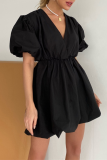 Casual Solid Color Ruched V Neck Princess Short Sleeve Dress