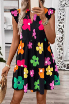 Casual Flowers Print Ruffle V Neck A Line Dresses