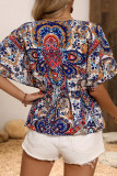 Elegant National Totem Print Ruffle V Neck Tops