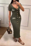 Celebrities Elegant Solid Color Buttons Patchwork V Neck A Line Short Sleeve Dress