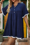 Casual Patchwork Ripple Buttons V Neck A Line Short Sleeve Dress