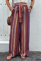 Street Daily Striped Print Pocket Lace Up Loose High Waist Wide Leg Full Print Bottoms