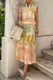 Casual Street Tie Dye Print Contrast V Neck Sleeveless Two Pieces
