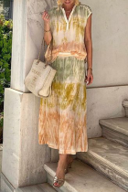 Casual Street Tie Dye Print Contrast V Neck Sleeveless Two Pieces