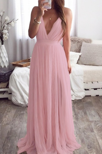 Sexy Solid Color Backless Mesh V Neck Evening Dresses