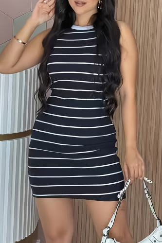 Casual Daily Striped Print Contrast O Neck Wrapped Skirt Dresses