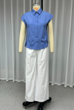 Daily Elegant Solid Color Buttons Patchwork Turndown Collar Short Sleeve Two Pieces