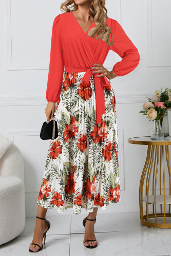 Elegant Floral Print Patchwork Belted Contrast V Neck Pleated Dresses