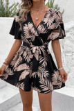 Casual Vacation Floral Print Lace Up V Neck Loose Rompers