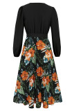 Elegant Floral Print Patchwork Belted Contrast V Neck Pleated Dresses
