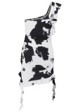 Sexy Gradient Print Ruffle Irregular Contrast Sloping Shoulder Wrapped Skirt Dresses