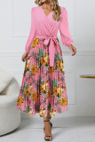 Elegant Floral Print Patchwork Belted Contrast V Neck Pleated Dresses