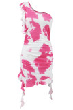 Sexy Gradient Print Ruffle Irregular Contrast Sloping Shoulder Wrapped Skirt Dresses