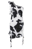 Sexy Gradient Print Ruffle Irregular Contrast Sloping Shoulder Wrapped Skirt Dresses