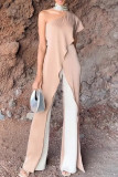 Casual Solid Color Patchwork Ruffle Slit Sloping Shoulder Jumpsuits