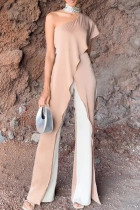 Casual Solid Color Patchwork Ruffle Slit Sloping Shoulder Jumpsuits