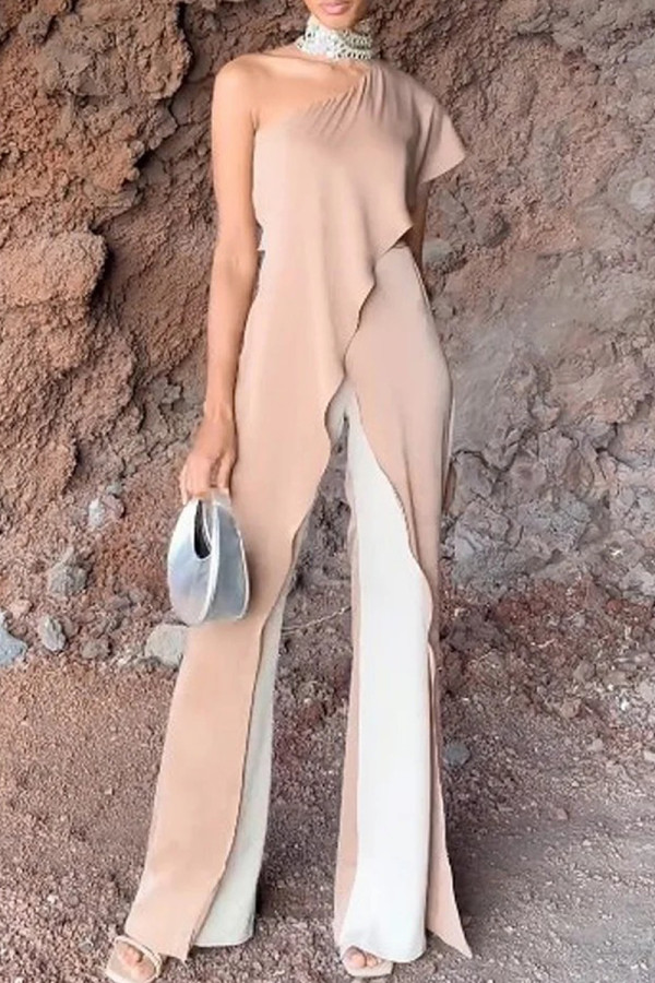 Casual Solid Color Patchwork Ruffle Slit Sloping Shoulder Jumpsuits