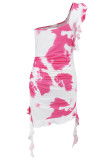 Sexy Gradient Print Ruffle Irregular Contrast Sloping Shoulder Wrapped Skirt Dresses