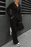 Casual Daily Solid Color Draw String Pocket Zipper Hooded Long Sleeve Two Pieces