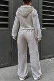 Casual Daily Solid Color Draw String Pocket Zipper Hooded Long Sleeve Two Pieces