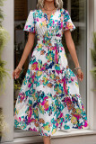 Elegant Geometric Print Contrast O Neck A Line Short Sleeve Dress