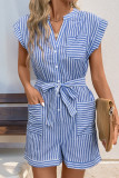 Casual Striped Print Pocket Lace Up Buttons V Neck Loose Rompers