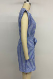 Casual Striped Print Pocket Lace Up Buttons V Neck Loose Rompers