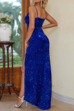 Sexy Prom Solid Color Sequins Slit V Neck Evening Dresses