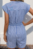 Casual Striped Print Pocket Lace Up Buttons V Neck Loose Rompers