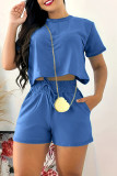 Casual Daily Solid Color Pocket Lace Up O Neck Short Sleeve Two Pieces