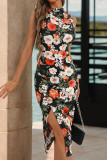 Elegant Flowers Print Slit Half A Turtleneck Irregular Dresses