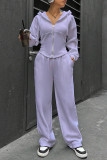 Casual Daily Solid Color Draw String Pocket Zipper Hooded Long Sleeve Two Pieces