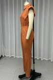Casual Solid Color Pocket Buttons Turndown Collar Regular Jumpsuits