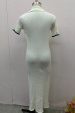Street Elegant Solid Color Buckle Turndown Collar A Line Short Sleeve Dress