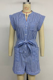 Casual Striped Print Pocket Lace Up Buttons V Neck Loose Rompers