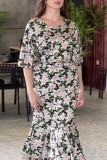 Elegant Floral Print Fishtail O Neck Fishtail Dresses