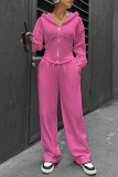 Casual Daily Solid Color Draw String Pocket Zipper Hooded Long Sleeve Two Pieces