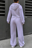 Casual Daily Solid Color Draw String Pocket Zipper Hooded Long Sleeve Two Pieces