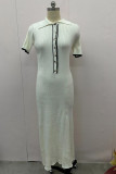 Street Elegant Solid Color Buckle Turndown Collar A Line Short Sleeve Dress