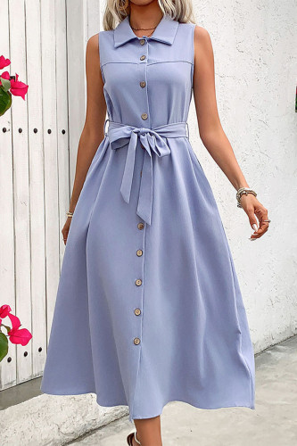 Elegant Solid Color Lace Up Buckle Turndown Collar Sleeveless Dresses