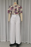 Elegant Floral Print Pocket O Neck Short Sleeve Two Pieces