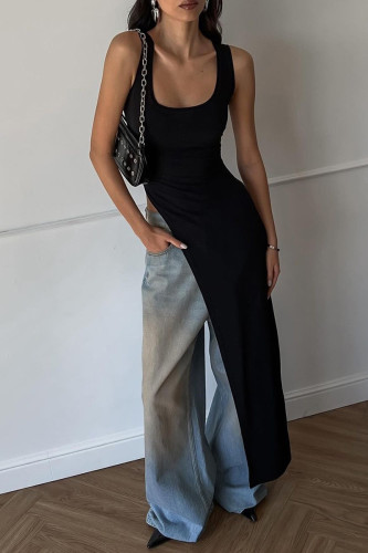 Sexy Street Solid Color Slit Irregular U Neck T-Shirts