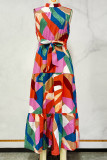 Casual Vacation Geometric Print Lace Up Contrast Mandarin Collar Printed Dresses