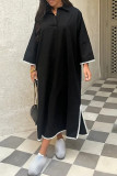 Solid Color Embroidered Patchwork Slit Turndown Collar Long Sleeve Dresses