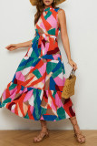 Casual Vacation Geometric Print Lace Up Contrast Mandarin Collar Printed Dresses