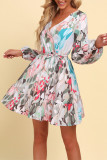 Elegant Floral Print Lace Up V Neck A Line Dresses