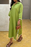 Solid Color Embroidered Patchwork Slit Turndown Collar Long Sleeve Dresses