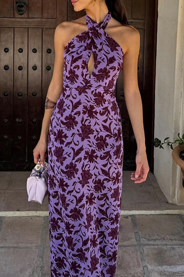 Sexy Vacation Floral Print Hollow Out Backless Halter One Step Skirt Dresses