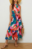 Casual Vacation Geometric Print Lace Up Contrast Mandarin Collar Printed Dresses