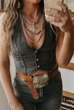 Sexy Hot Solid Color Distressed Buckle V Neck Sleeveless Regular Denim Jacket